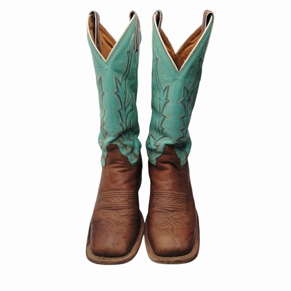 Justin Women's Cowboy Boots Size 6B Brown Turquoise Leather Square Toe Western